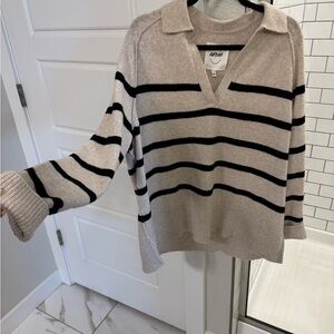 Aerie V-Neck Sweater in Beige and Black Stripes